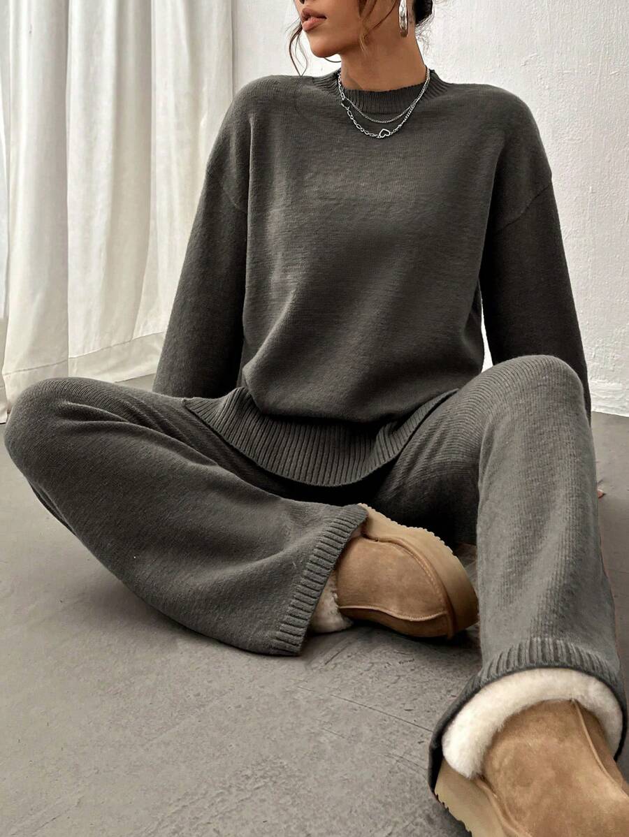 Flirla 2pcs Women Colorblock Rib-Trim Round Neck Long Sleeve Sweater And Pants Set Fall Winter Cloth For Women