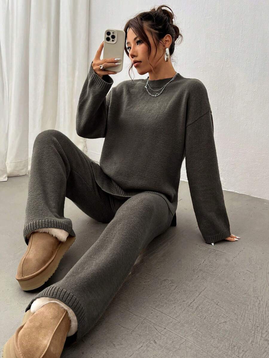Flirla 2pcs Women Colorblock Rib-Trim Round Neck Long Sleeve Sweater And Pants Set Fall Winter Cloth For Women