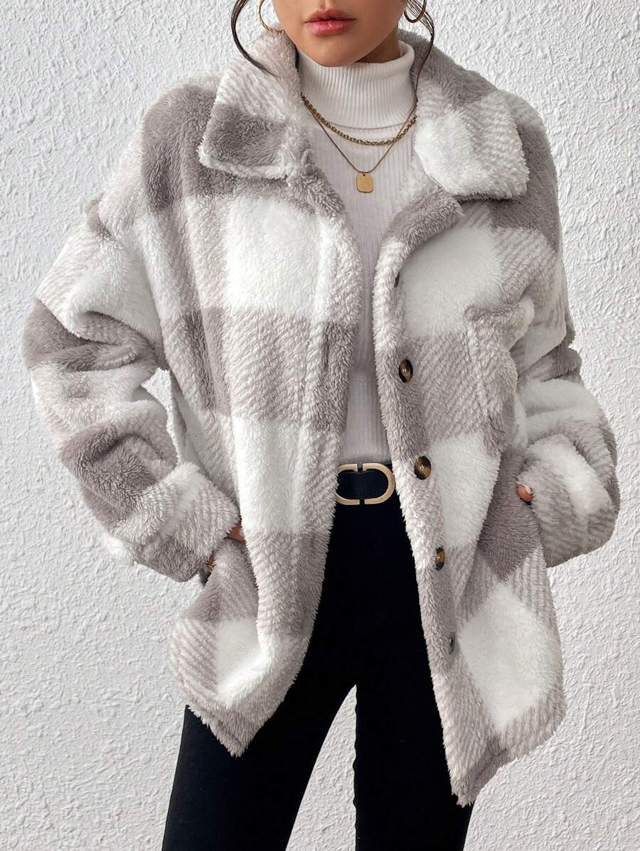 INAWLY Jaqueta feminina casual xadrez felpuda com botões frontais para uso diário no outono/inverno