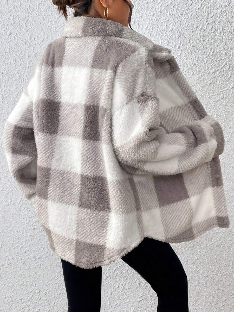 INAWLY Jaqueta feminina casual xadrez felpuda com botões frontais para uso diário no outono/inverno