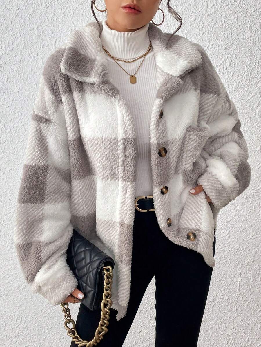INAWLY Jaqueta feminina casual xadrez felpuda com botões frontais para uso diário no outono/inverno