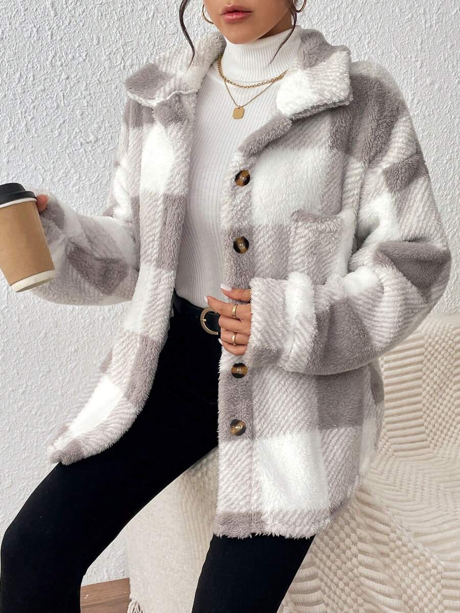 INAWLY Jaqueta feminina casual xadrez felpuda com botões frontais para uso diário no outono/inverno