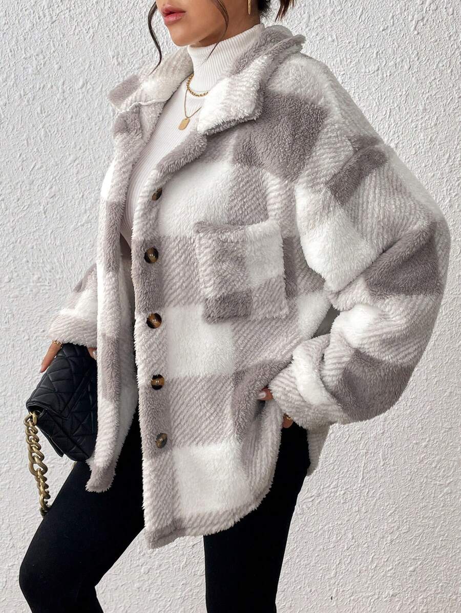 INAWLY Jaqueta feminina casual xadrez felpuda com botões frontais para uso diário no outono/inverno