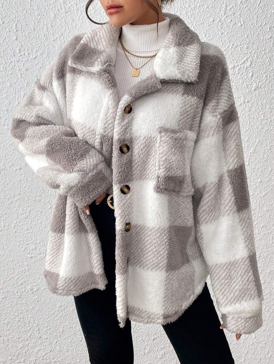 INAWLY Jaqueta feminina casual xadrez felpuda com botões frontais para uso diário no outono/inverno