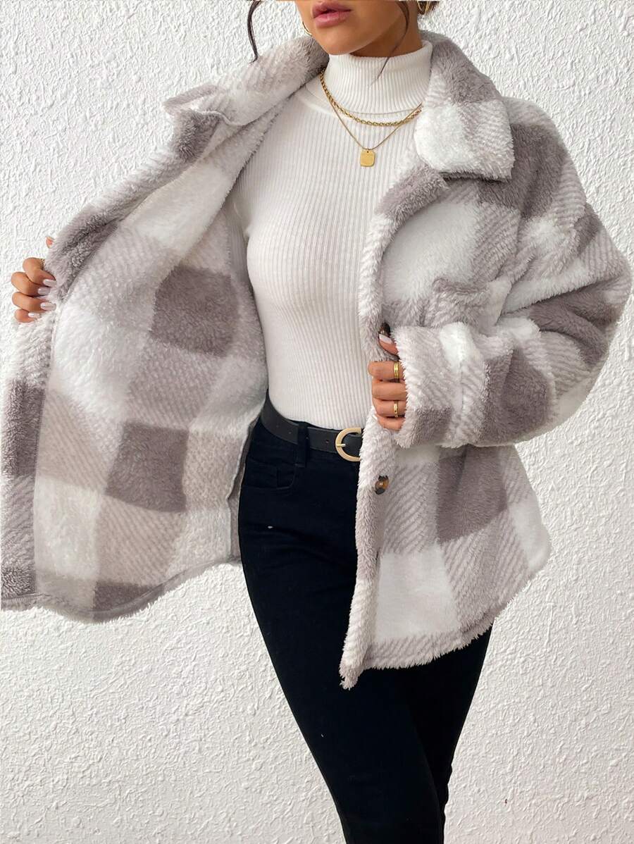 INAWLY Jaqueta feminina casual xadrez felpuda com botões frontais para uso diário no outono/inverno