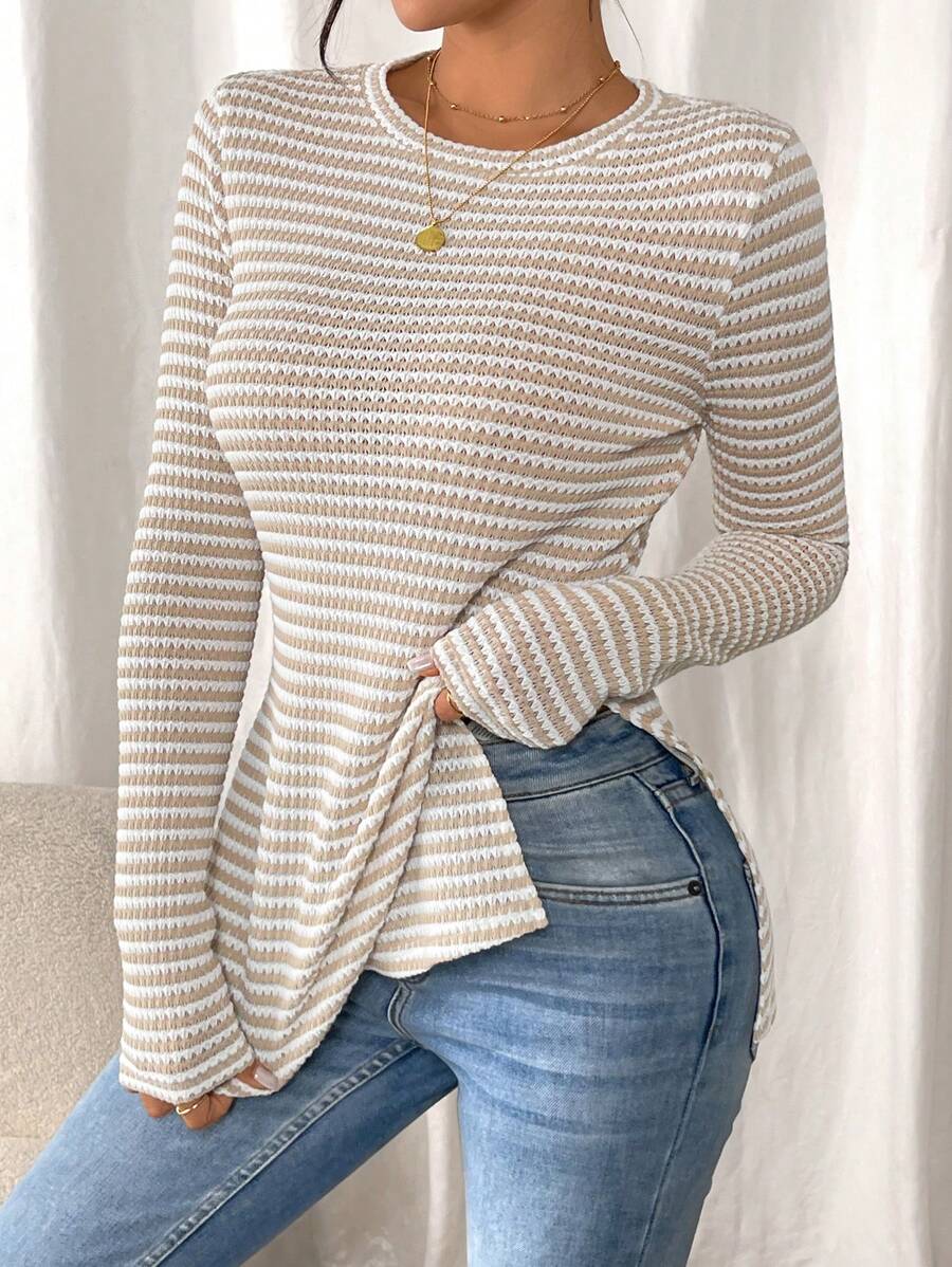 SHEIN Frenchy Women Casual Striped Long Sleeve T-Shirt With Slit Hem,Tight Turtleneck, Textured Fabric ,Commute,Minimalist,Office,Old Money,Simple,Autumn/Winter,