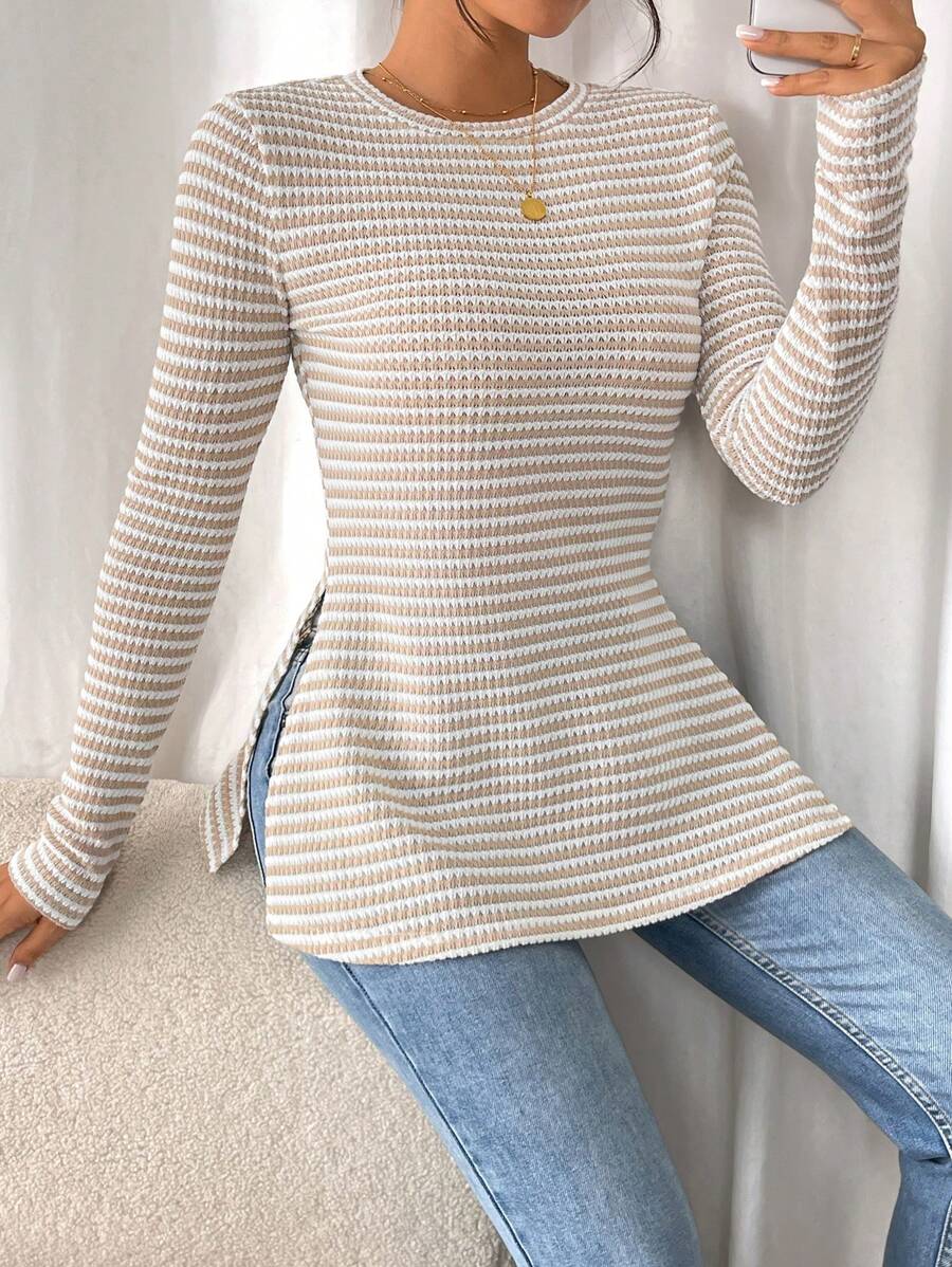 SHEIN Frenchy Women Casual Striped Long Sleeve T-Shirt With Slit Hem,Tight Turtleneck, Textured Fabric ,Commute,Minimalist,Office,Old Money,Simple,Autumn/Winter,