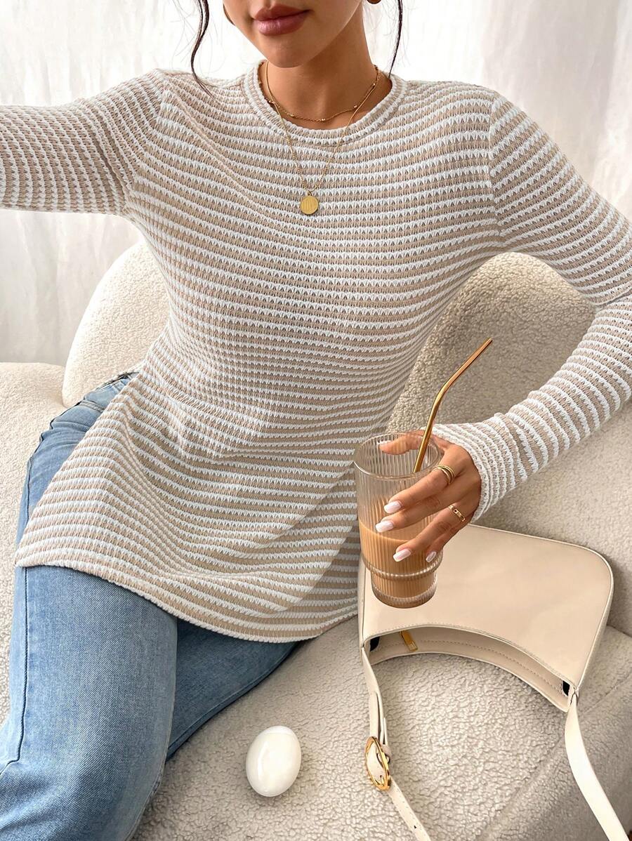 SHEIN Frenchy Women Casual Striped Long Sleeve T-Shirt With Slit Hem,Tight Turtleneck, Textured Fabric ,Commute,Minimalist,Office,Old Money,Simple,Autumn/Winter,