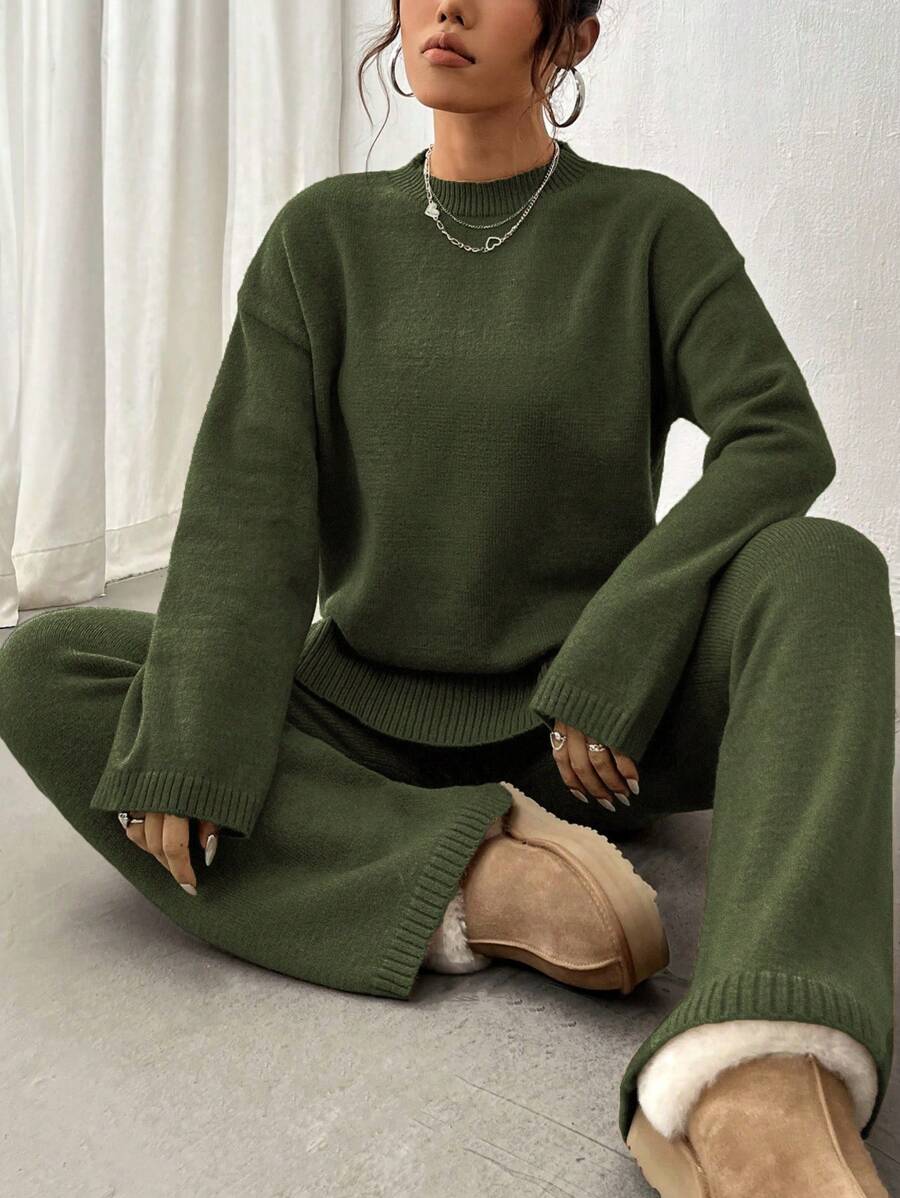 Flirla 2pcs Women Colorblock Rib-Trim Round Neck Long Sleeve Sweater And Pants Set Fall Winter Cloth For Women