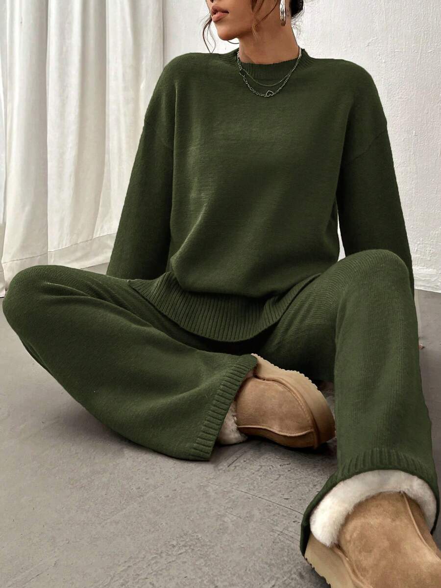 Flirla 2pcs Women Colorblock Rib-Trim Round Neck Long Sleeve Sweater And Pants Set Fall Winter Cloth For Women
