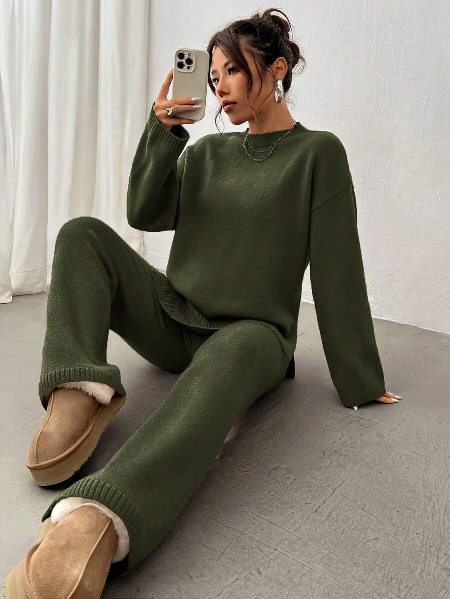 Flirla 2pcs Women Colorblock Rib-Trim Round Neck Long Sleeve Sweater And Pants Set Fall Winter Cloth For Women