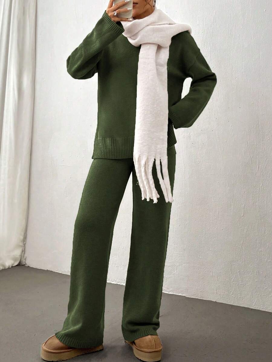 Flirla 2pcs Women Colorblock Rib-Trim Round Neck Long Sleeve Sweater And Pants Set Fall Winter Cloth For Women