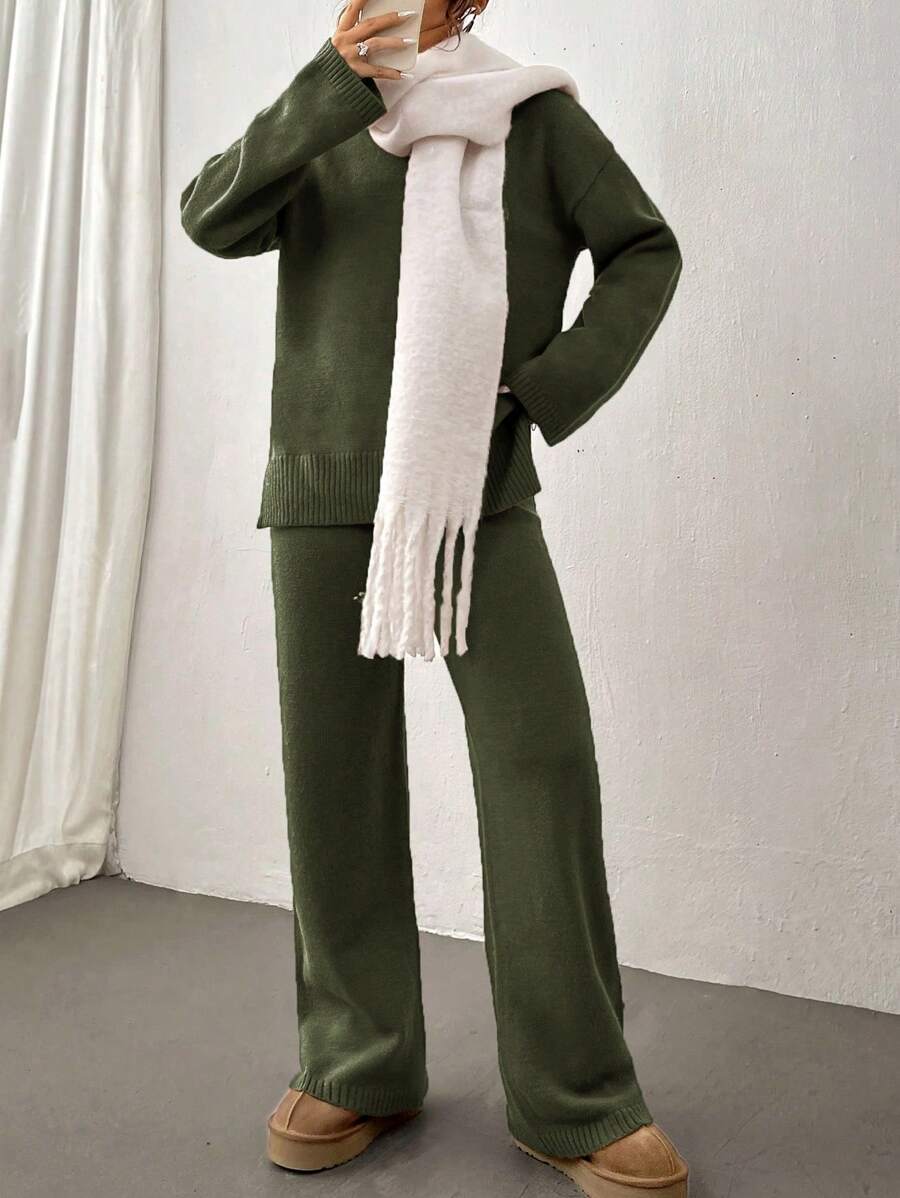 Flirla 2pcs Women Colorblock Rib-Trim Round Neck Long Sleeve Sweater And Pants Set Fall Winter Cloth For Women