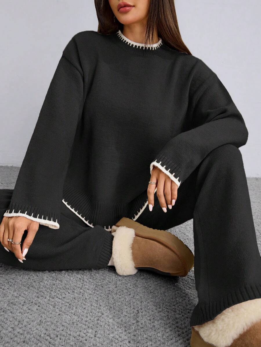 Flirla 2pcs Women Colorblock Rib-Trim Round Neck Long Sleeve Sweater And Pants Set Fall Winter Cloth For Women