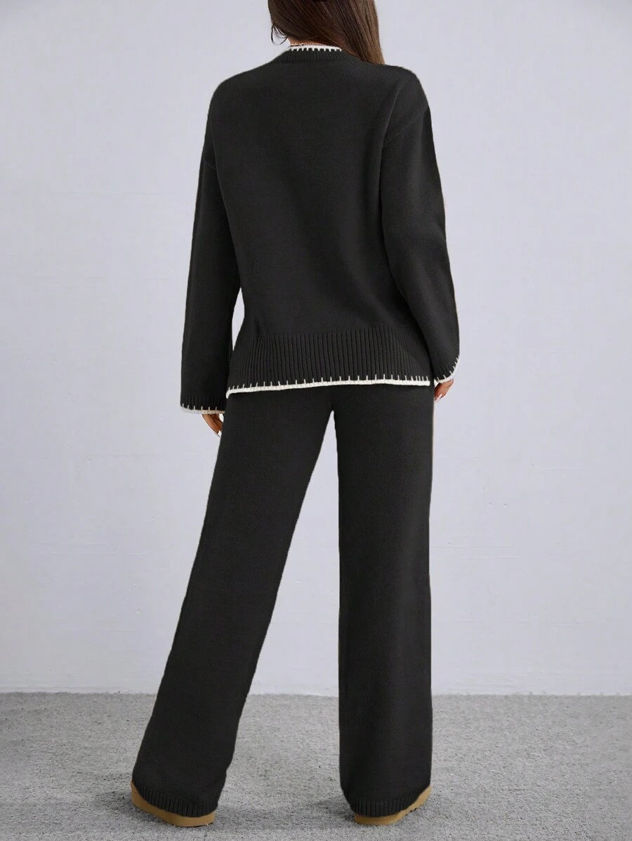 Flirla 2pcs Women Colorblock Rib-Trim Round Neck Long Sleeve Sweater And Pants Set Fall Winter Cloth For Women
