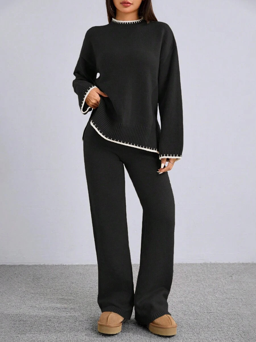 Flirla 2pcs Women Colorblock Rib-Trim Round Neck Long Sleeve Sweater And Pants Set Fall Winter Cloth For Women