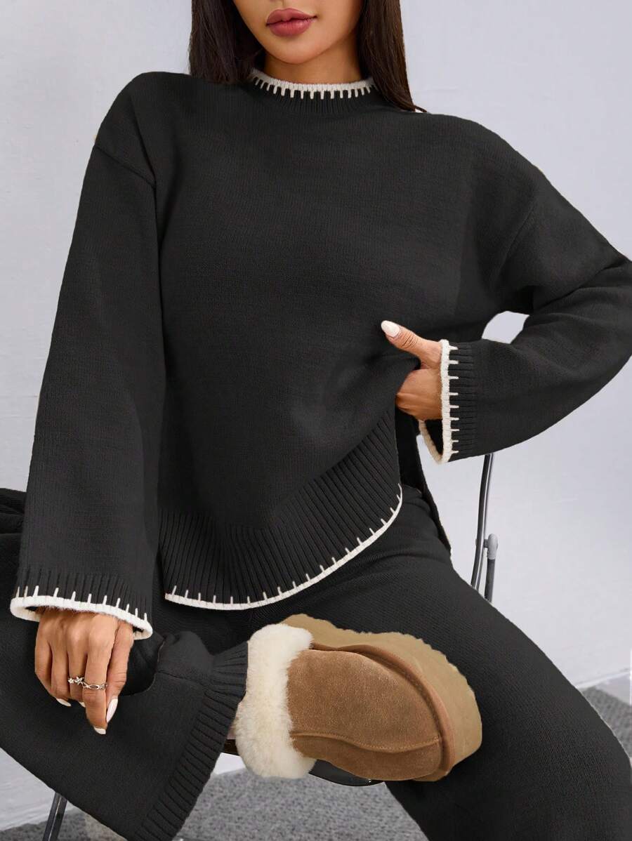 Flirla 2pcs Women Colorblock Rib-Trim Round Neck Long Sleeve Sweater And Pants Set Fall Winter Cloth For Women