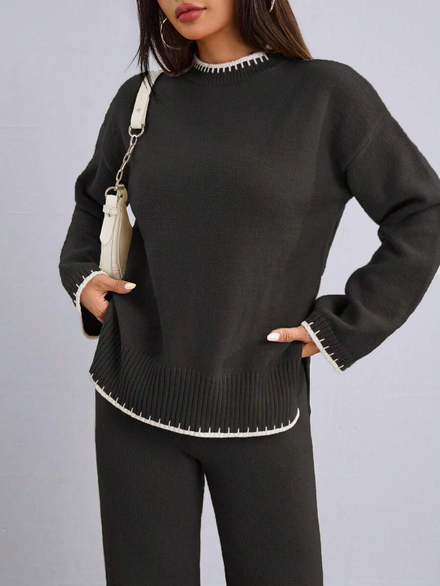 Flirla 2pcs Women Colorblock Rib-Trim Round Neck Long Sleeve Sweater And Pants Set Fall Winter Cloth For Women