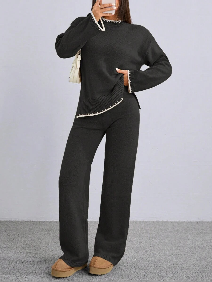 Flirla 2pcs Women Colorblock Rib-Trim Round Neck Long Sleeve Sweater And Pants Set Fall Winter Cloth For Women