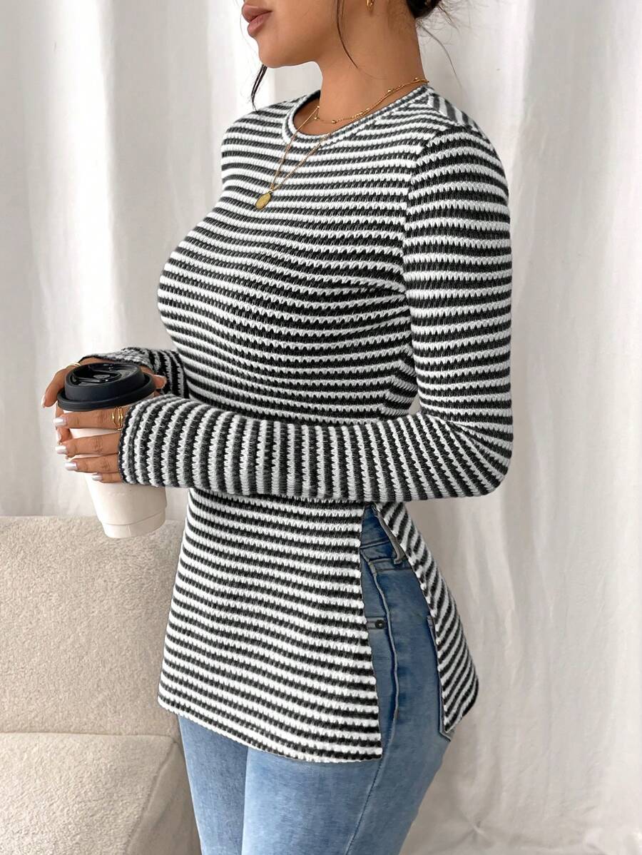 SHEIN Frenchy Women Casual Striped Long Sleeve T-Shirt With Slit Hem,Tight Turtleneck, Textured Fabric ,Commute,Minimalist,Office,Old Money,Simple,Autumn/Winter,