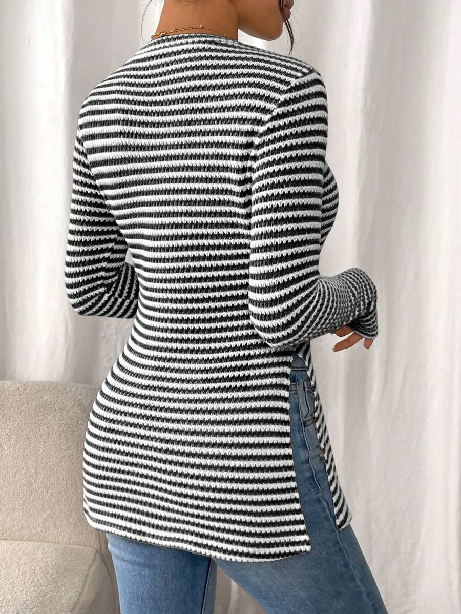 SHEIN Frenchy Women Casual Striped Long Sleeve T-Shirt With Slit Hem,Tight Turtleneck, Textured Fabric ,Commute,Minimalist,Office,Old Money,Simple,Autumn/Winter,