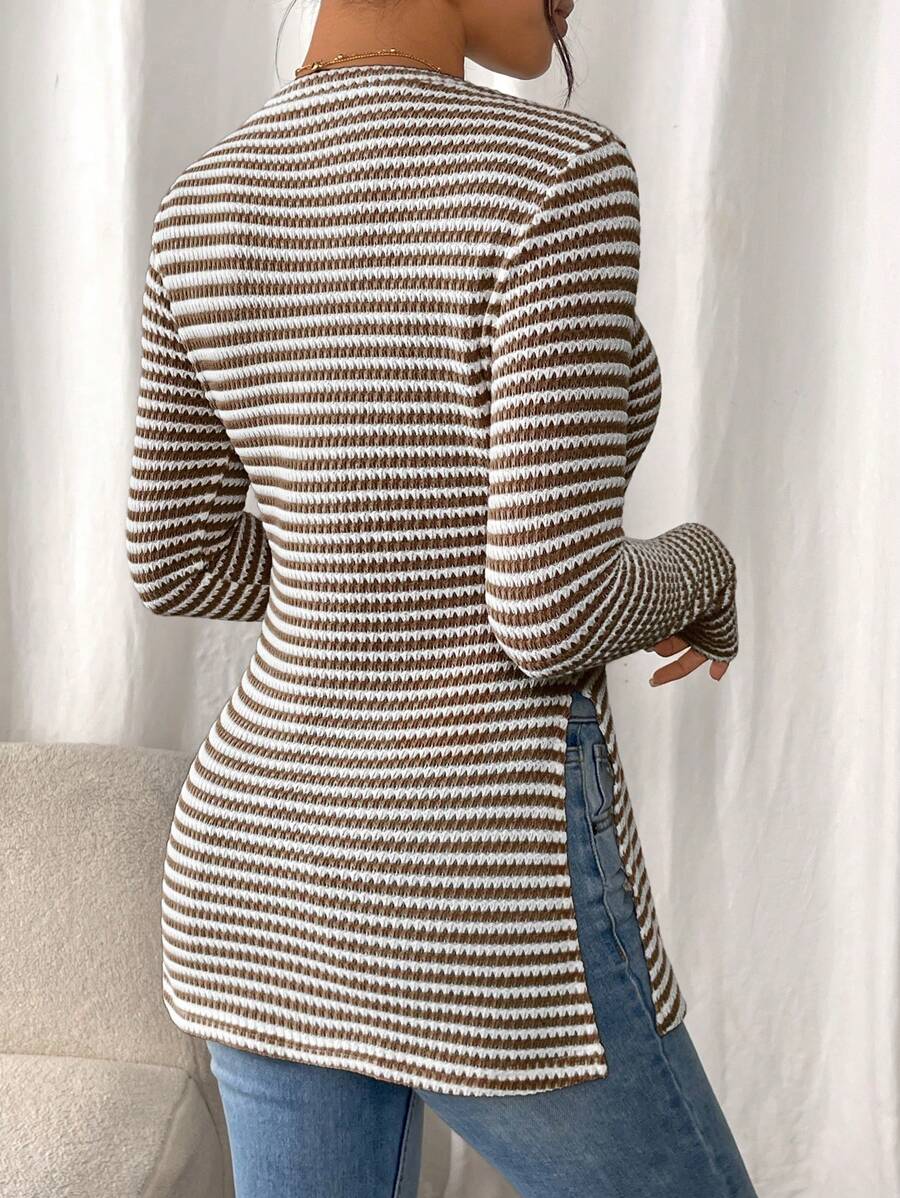 SHEIN Frenchy Women Casual Striped Long Sleeve T-Shirt With Slit Hem,Tight Turtleneck, Textured Fabric ,Commute,Minimalist,Office,Old Money,Simple,Autumn/Winter,