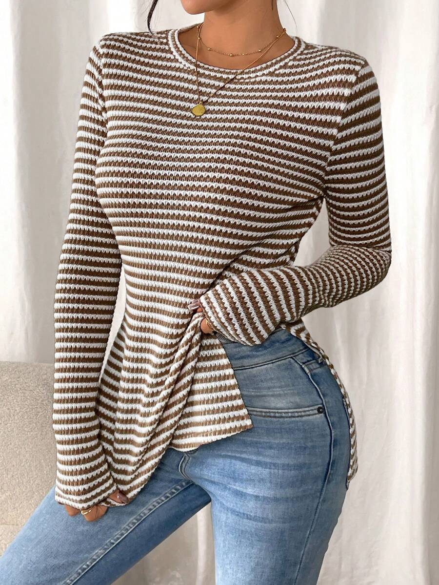 SHEIN Frenchy Women Casual Striped Long Sleeve T-Shirt With Slit Hem,Tight Turtleneck, Textured Fabric ,Commute,Minimalist,Office,Old Money,Simple,Autumn/Winter,