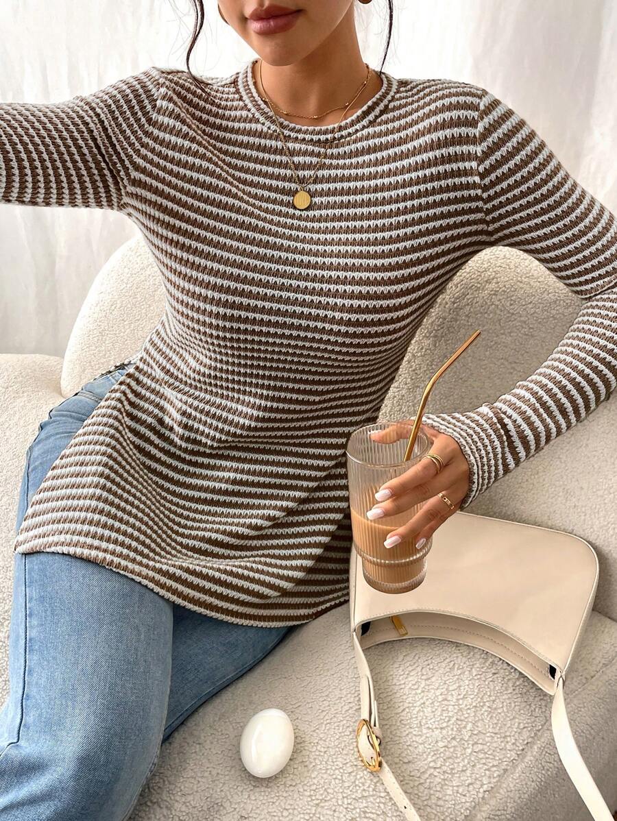 SHEIN Frenchy Women Casual Striped Long Sleeve T-Shirt With Slit Hem,Tight Turtleneck, Textured Fabric ,Commute,Minimalist,Office,Old Money,Simple,Autumn/Winter,