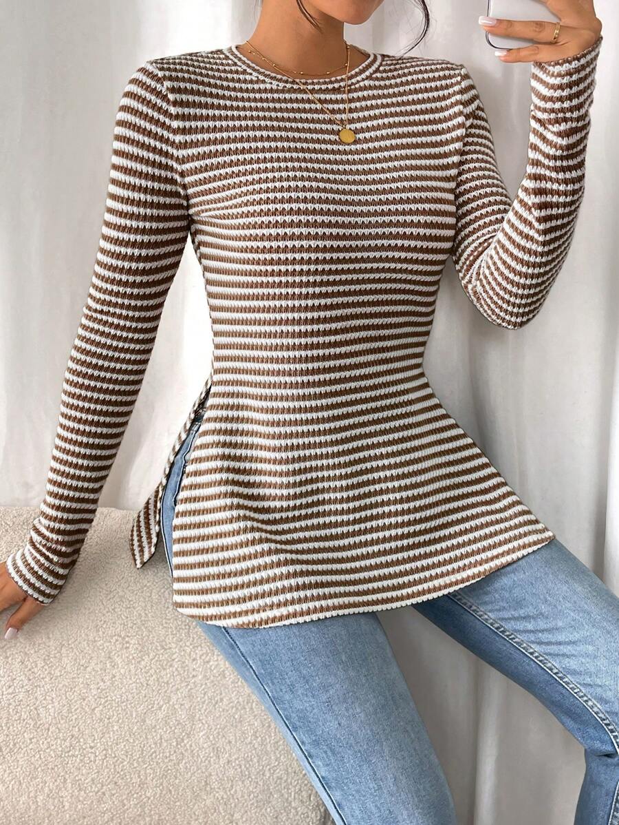 SHEIN Frenchy Women Casual Striped Long Sleeve T-Shirt With Slit Hem,Tight Turtleneck, Textured Fabric ,Commute,Minimalist,Office,Old Money,Simple,Autumn/Winter,