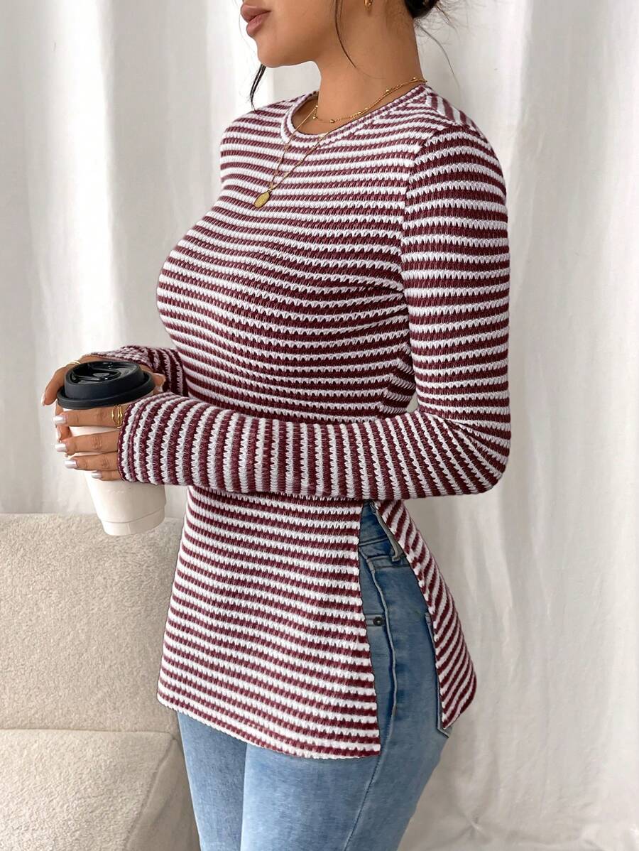 SHEIN Frenchy Women Casual Striped Long Sleeve T-Shirt With Slit Hem,Tight Turtleneck, Textured Fabric ,Commute,Minimalist,Office,Old Money,Simple,Autumn/Winter,