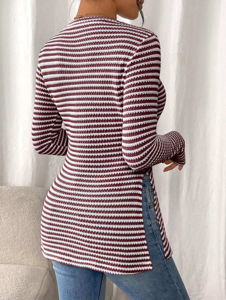 SHEIN Frenchy Women Casual Striped Long Sleeve T-Shirt With Slit Hem,Tight Turtleneck, Textured Fabric ,Commute,Minimalist,Office,Old Money,Simple,Autumn/Winter,