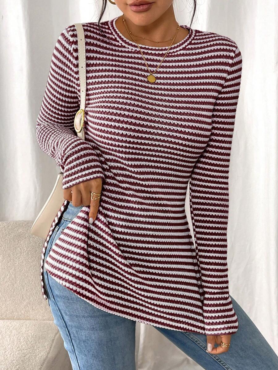 SHEIN Frenchy Women Casual Striped Long Sleeve T-Shirt With Slit Hem,Tight Turtleneck, Textured Fabric ,Commute,Minimalist,Office,Old Money,Simple,Autumn/Winter,