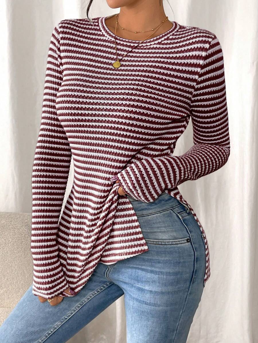 SHEIN Frenchy Women Casual Striped Long Sleeve T-Shirt With Slit Hem,Tight Turtleneck, Textured Fabric ,Commute,Minimalist,Office,Old Money,Simple,Autumn/Winter,