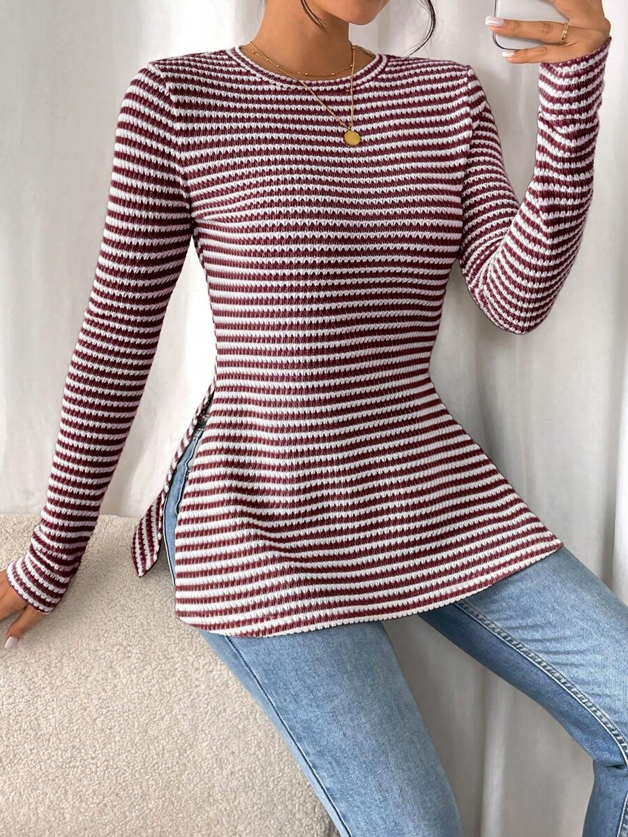 SHEIN Frenchy Women Casual Striped Long Sleeve T-Shirt With Slit Hem,Tight Turtleneck, Textured Fabric ,Commute,Minimalist,Office,Old Money,Simple,Autumn/Winter,