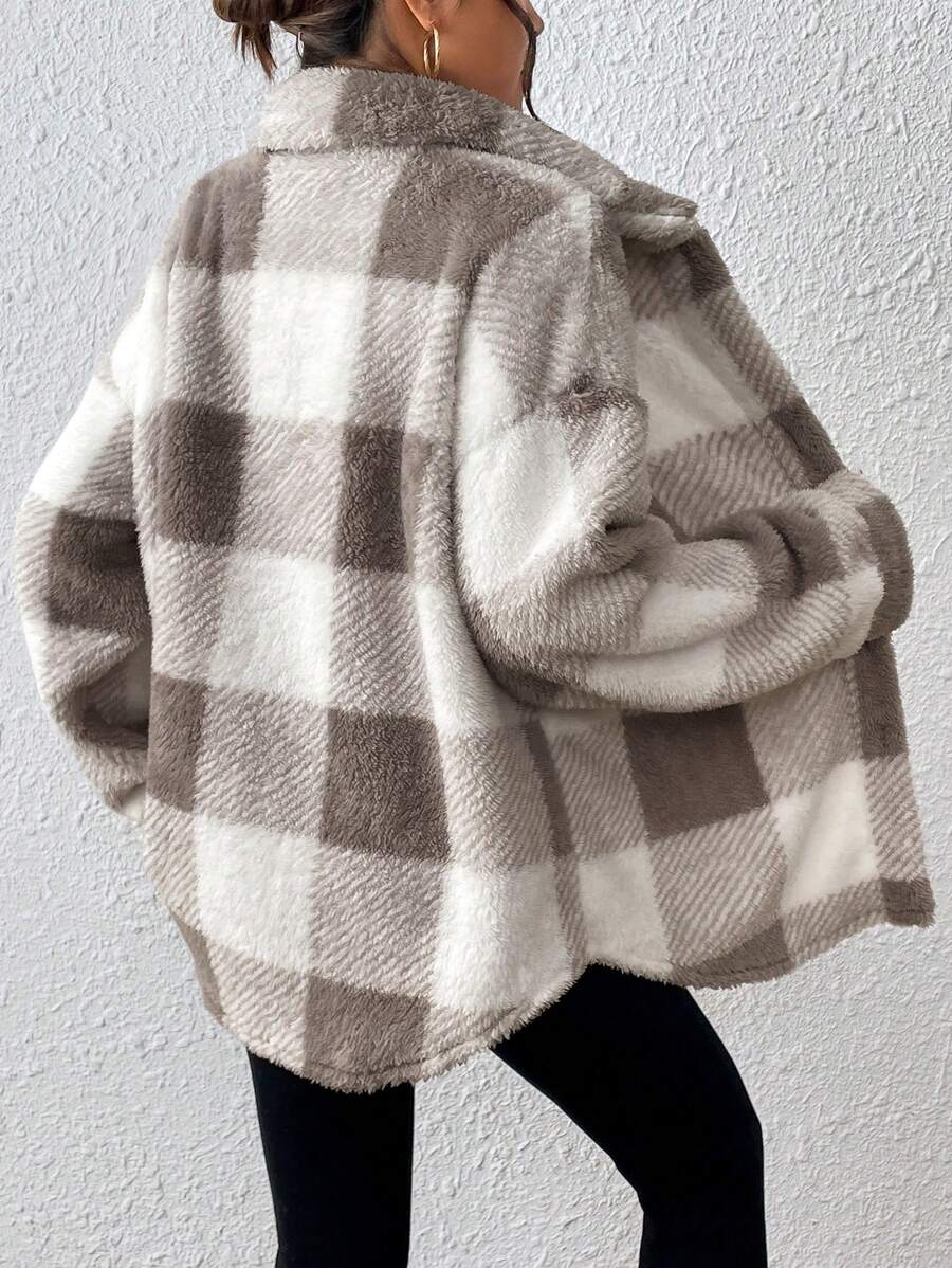 INAWLY Jaqueta feminina casual xadrez felpuda com botões frontais para uso diário no outono/inverno