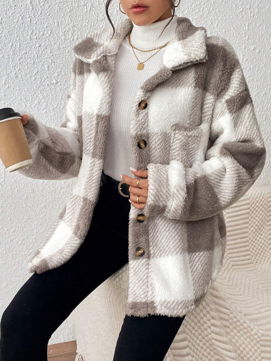 INAWLY Jaqueta feminina casual xadrez felpuda com botões frontais para uso diário no outono/inverno