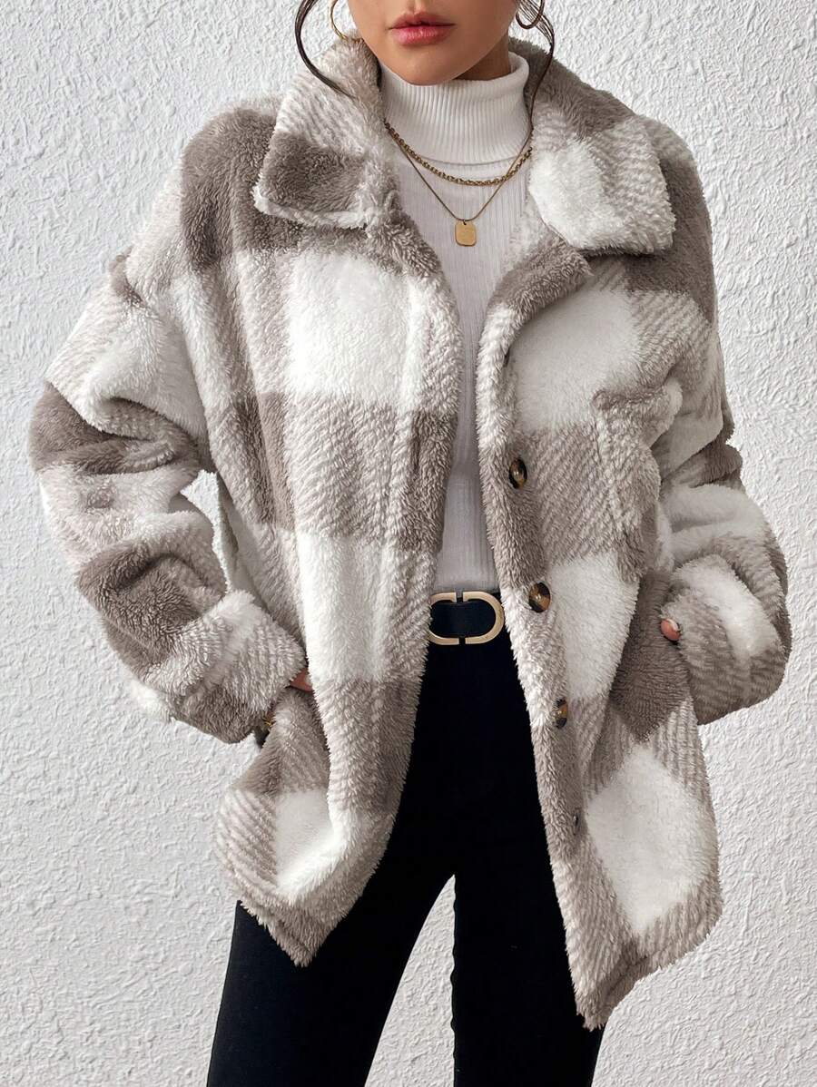 INAWLY Jaqueta feminina casual xadrez felpuda com botões frontais para uso diário no outono/inverno