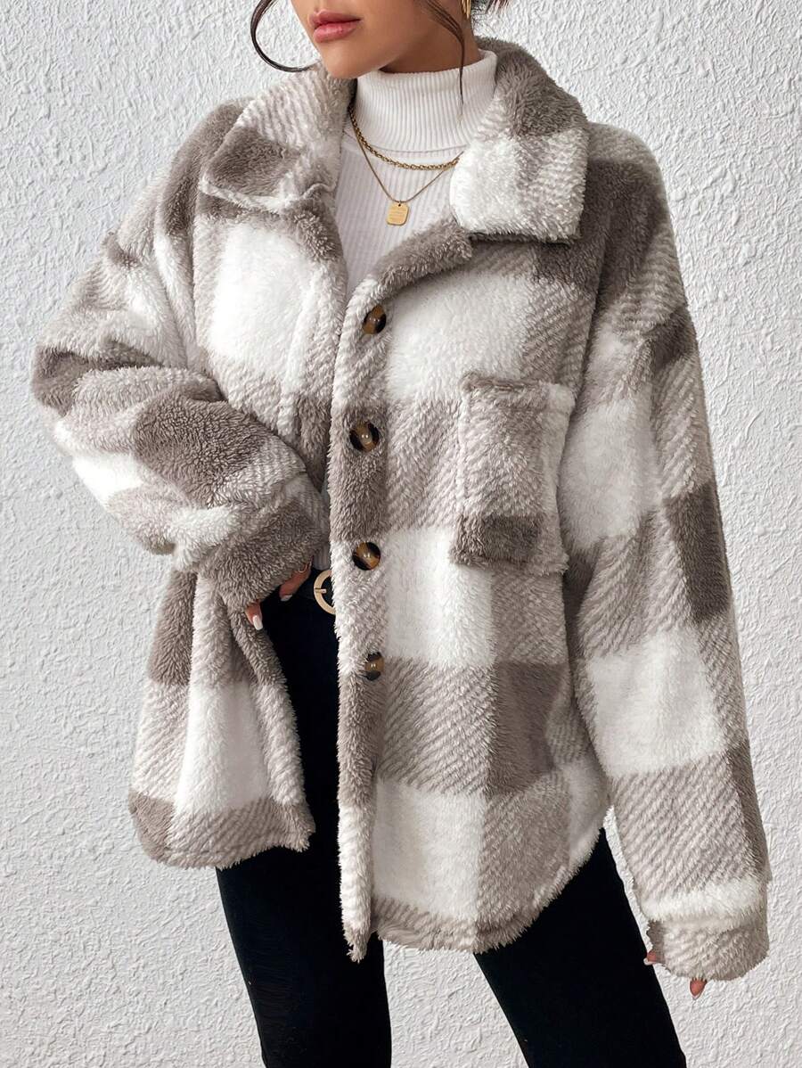 INAWLY Jaqueta feminina casual xadrez felpuda com botões frontais para uso diário no outono/inverno