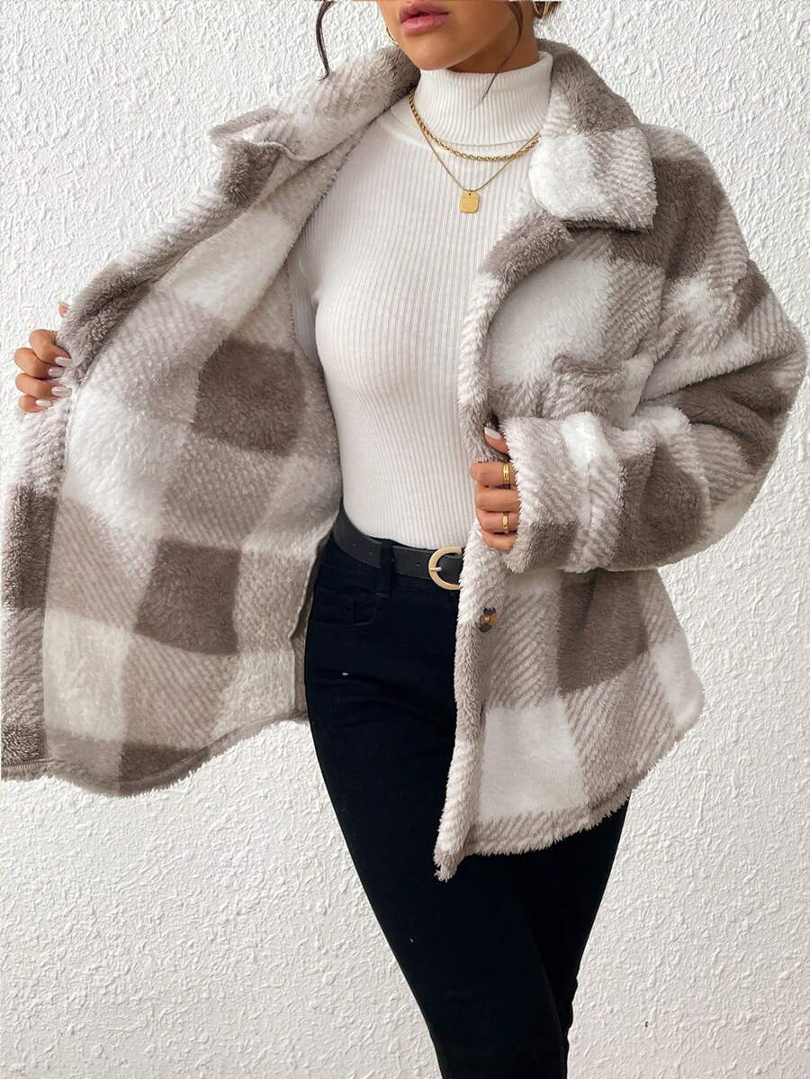 INAWLY Jaqueta feminina casual xadrez felpuda com botões frontais para uso diário no outono/inverno