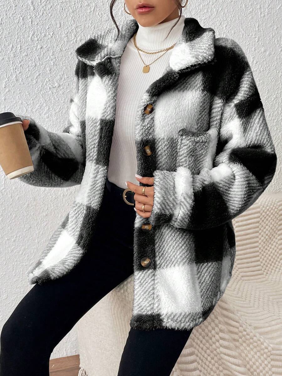 INAWLY Jaqueta feminina casual xadrez felpuda com botões frontais para uso diário no outono/inverno