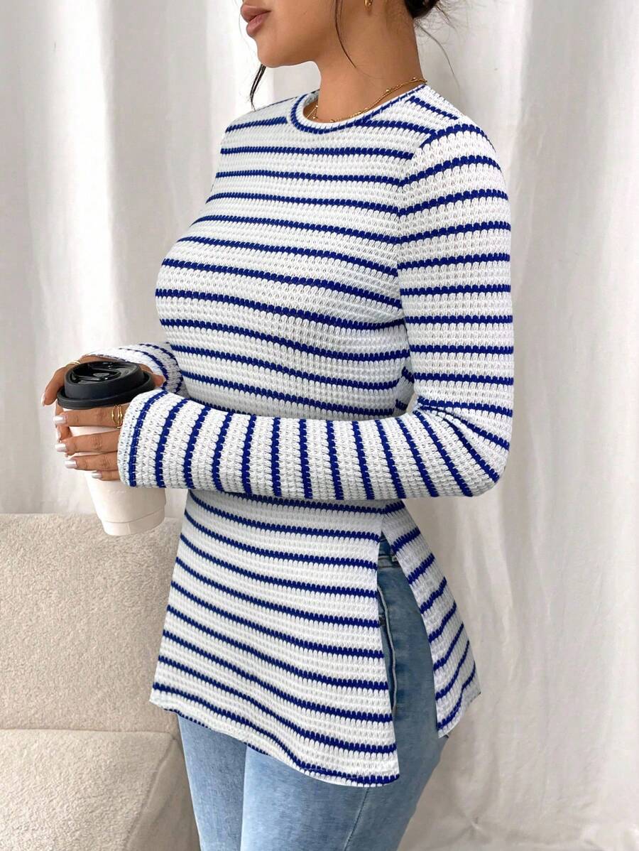 SHEIN Frenchy Women Casual Striped Long Sleeve T-Shirt With Slit Hem,Tight Turtleneck, Textured Fabric ,Commute,Minimalist,Office,Old Money,Simple,Autumn/Winter,