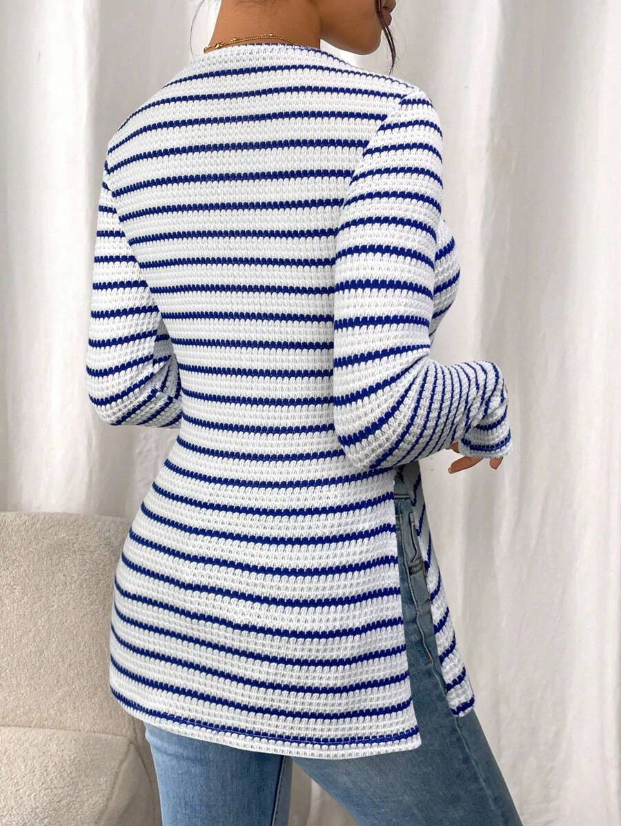 SHEIN Frenchy Women Casual Striped Long Sleeve T-Shirt With Slit Hem,Tight Turtleneck, Textured Fabric ,Commute,Minimalist,Office,Old Money,Simple,Autumn/Winter,