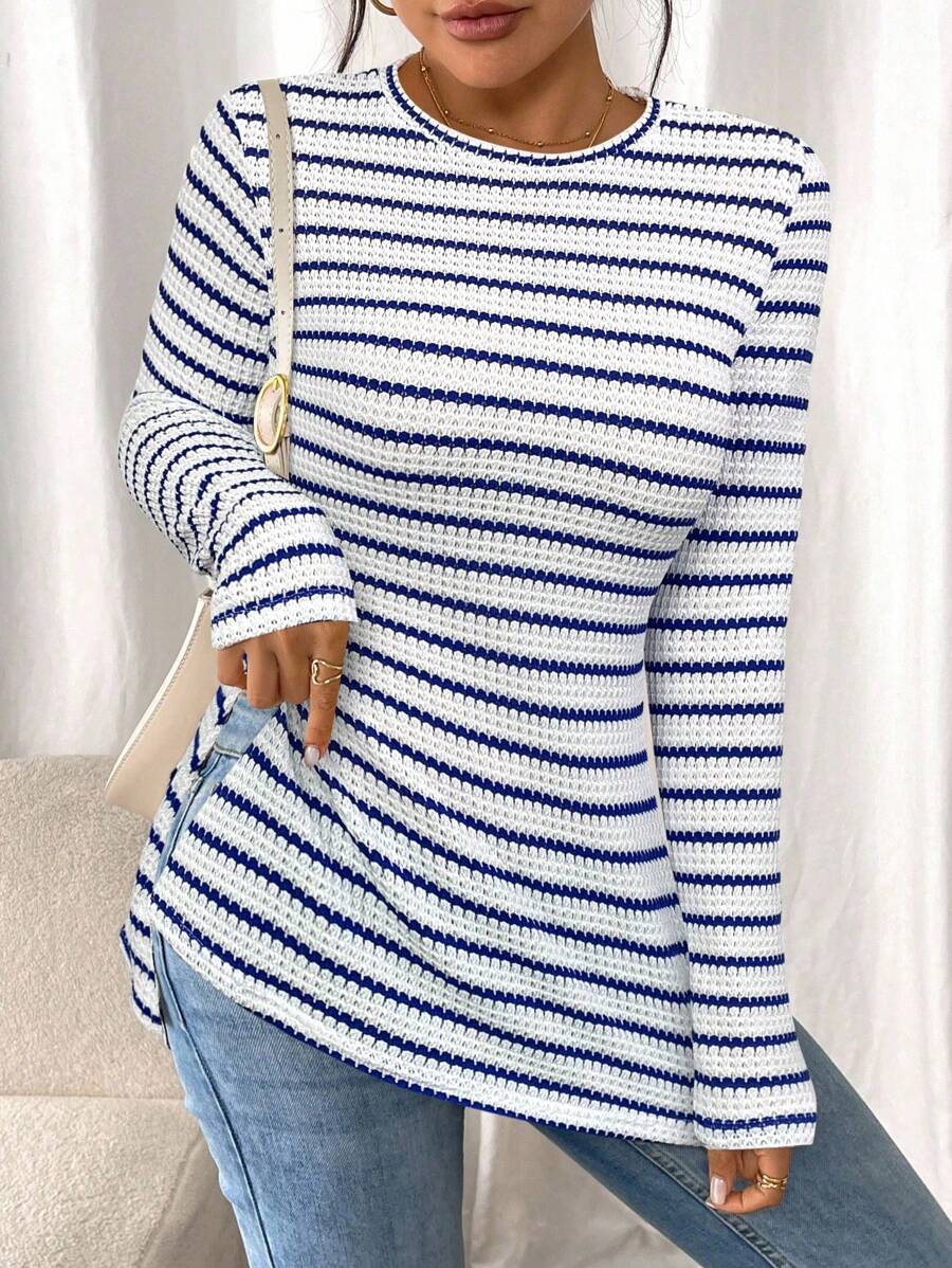 SHEIN Frenchy Women Casual Striped Long Sleeve T-Shirt With Slit Hem,Tight Turtleneck, Textured Fabric ,Commute,Minimalist,Office,Old Money,Simple,Autumn/Winter,