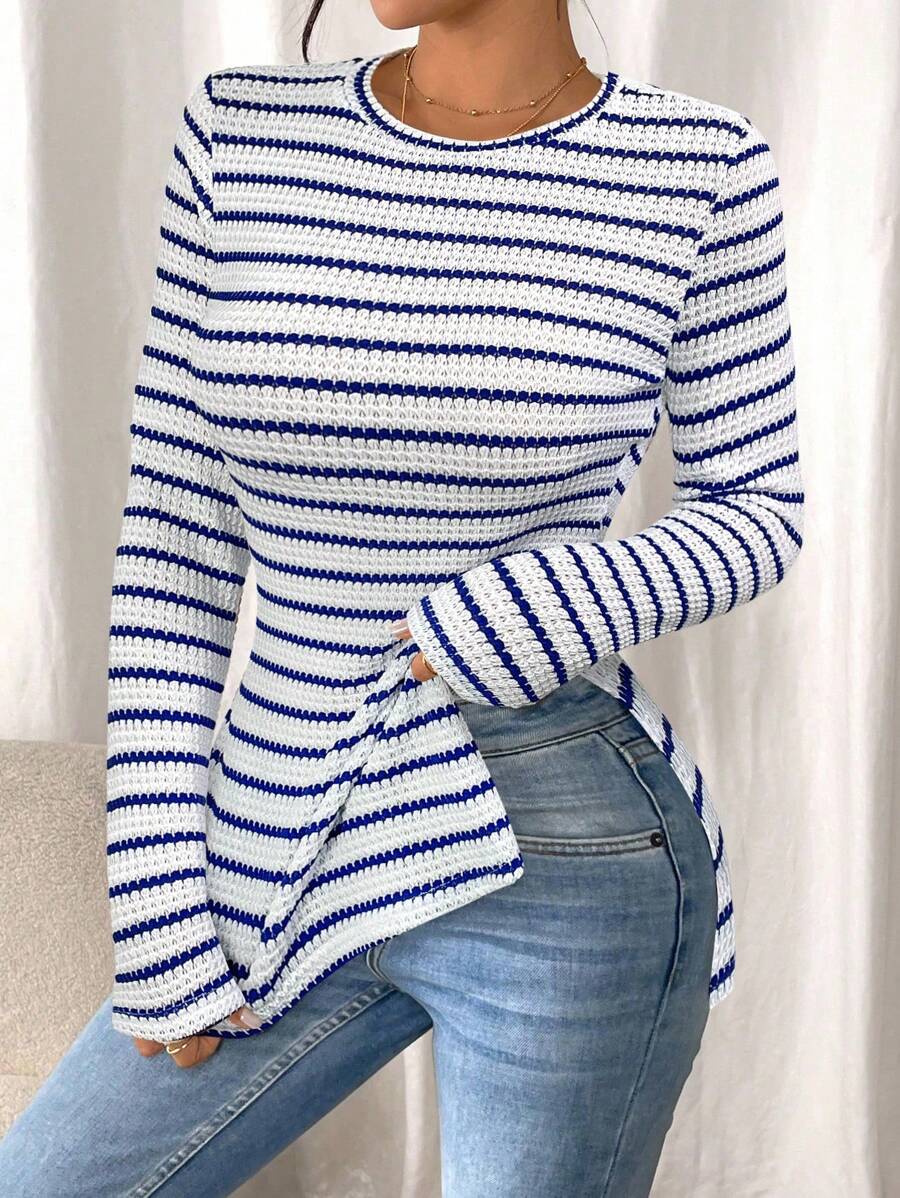 SHEIN Frenchy Women Casual Striped Long Sleeve T-Shirt With Slit Hem,Tight Turtleneck, Textured Fabric ,Commute,Minimalist,Office,Old Money,Simple,Autumn/Winter,