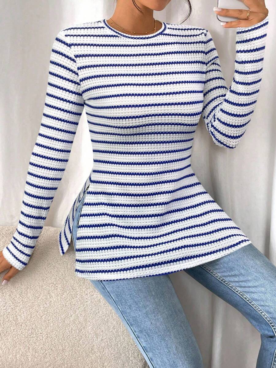 SHEIN Frenchy Women Casual Striped Long Sleeve T-Shirt With Slit Hem,Tight Turtleneck, Textured Fabric ,Commute,Minimalist,Office,Old Money,Simple,Autumn/Winter,