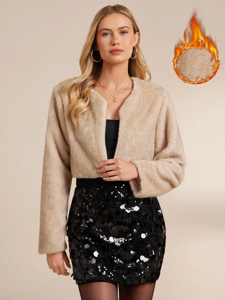 SHEIN Clasi Casaco feminino de cor sólida, manga comprida, frente aberta, curto e fofo, inverno