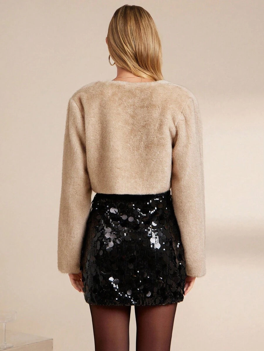 SHEIN Clasi Casaco feminino de cor sólida, manga comprida, frente aberta, curto e fofo, inverno