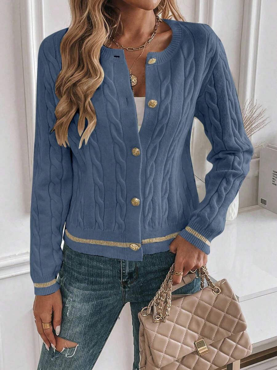 EMERY ROSE Cardigan feminino casual com acabamento contrastante e botões na frente, outono/inverno