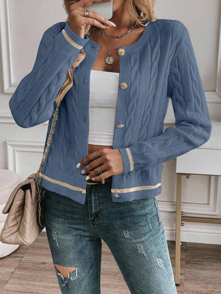 EMERY ROSE Cardigan feminino casual com acabamento contrastante e botões na frente, outono/inverno