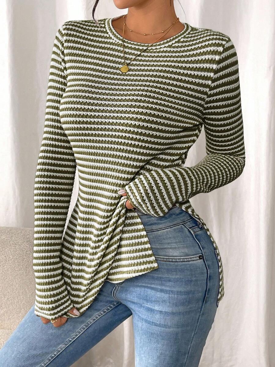 SHEIN Frenchy Women Casual Striped Long Sleeve T-Shirt With Slit Hem,Tight Turtleneck, Textured Fabric ,Commute,Minimalist,Office,Old Money,Simple,Autumn/Winter,